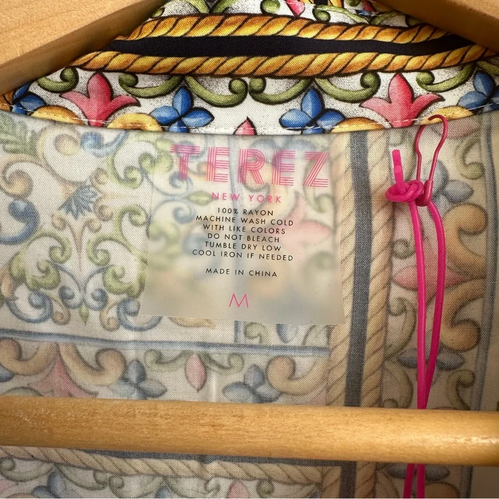 NWT Terez Amalfi Coast Patchwork Print Long Sleeve Blouse Yellow Blue Multi MED - Picture 15 of 16